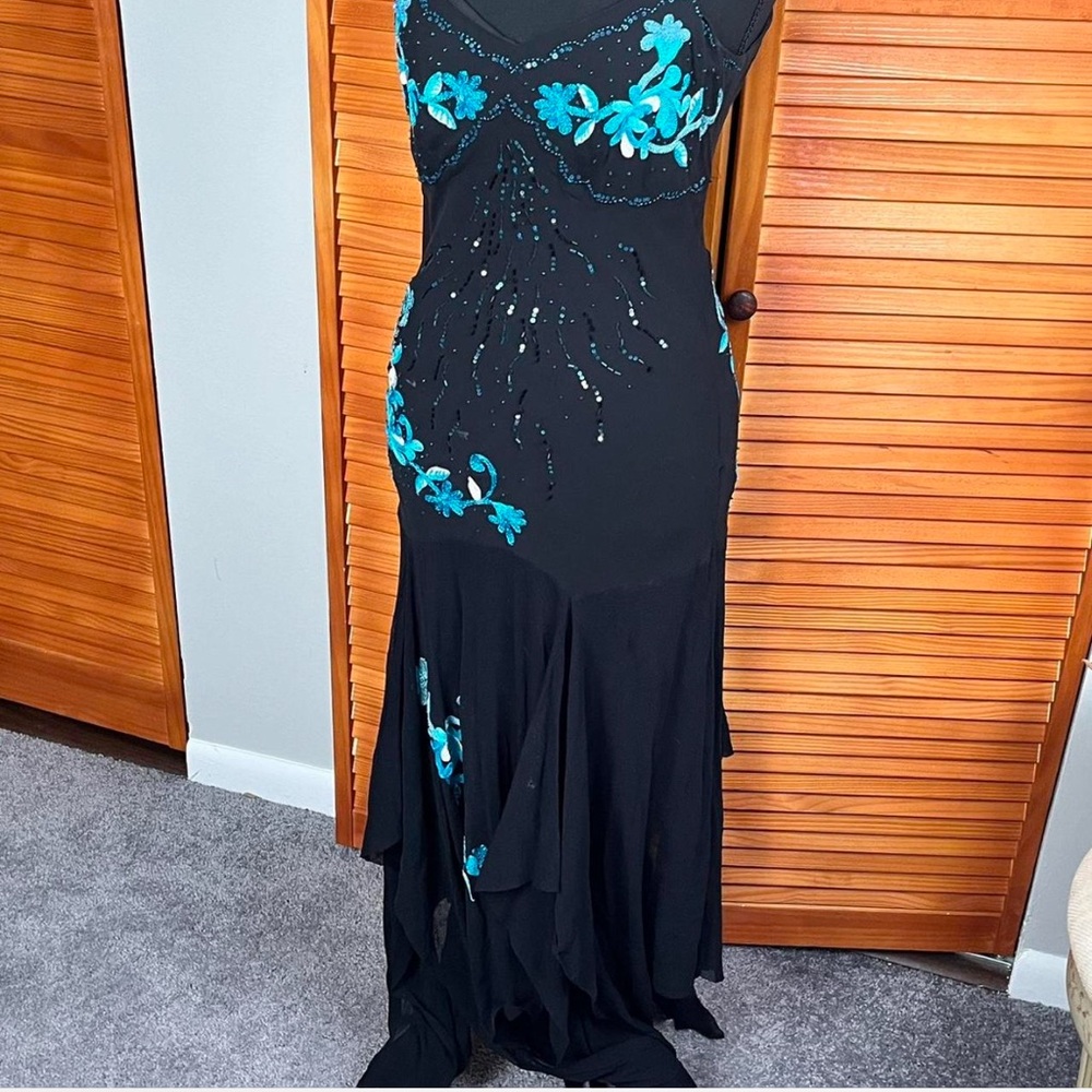 Y2k Cache Black Floral Silk Beaded Spaghetti Strap Dress w/Matching Scarf